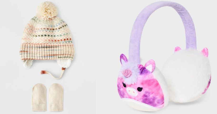 baby's hat and mitten set shown with girls earmuffs stock image