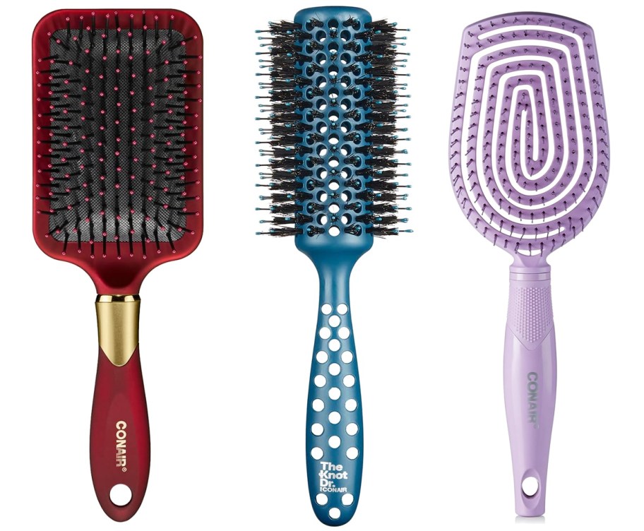 red, blue, and purple Conair Hair Brushes