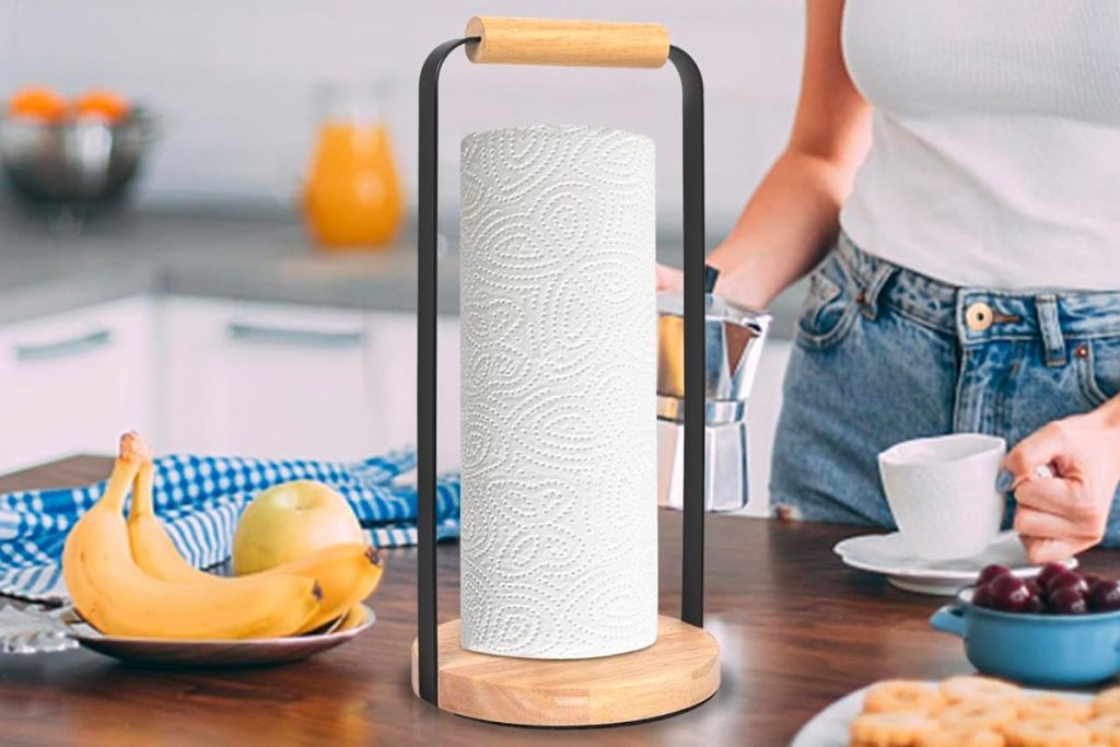 Countertop Kitchen Paper Towel Holder on a counter top in a kitchen