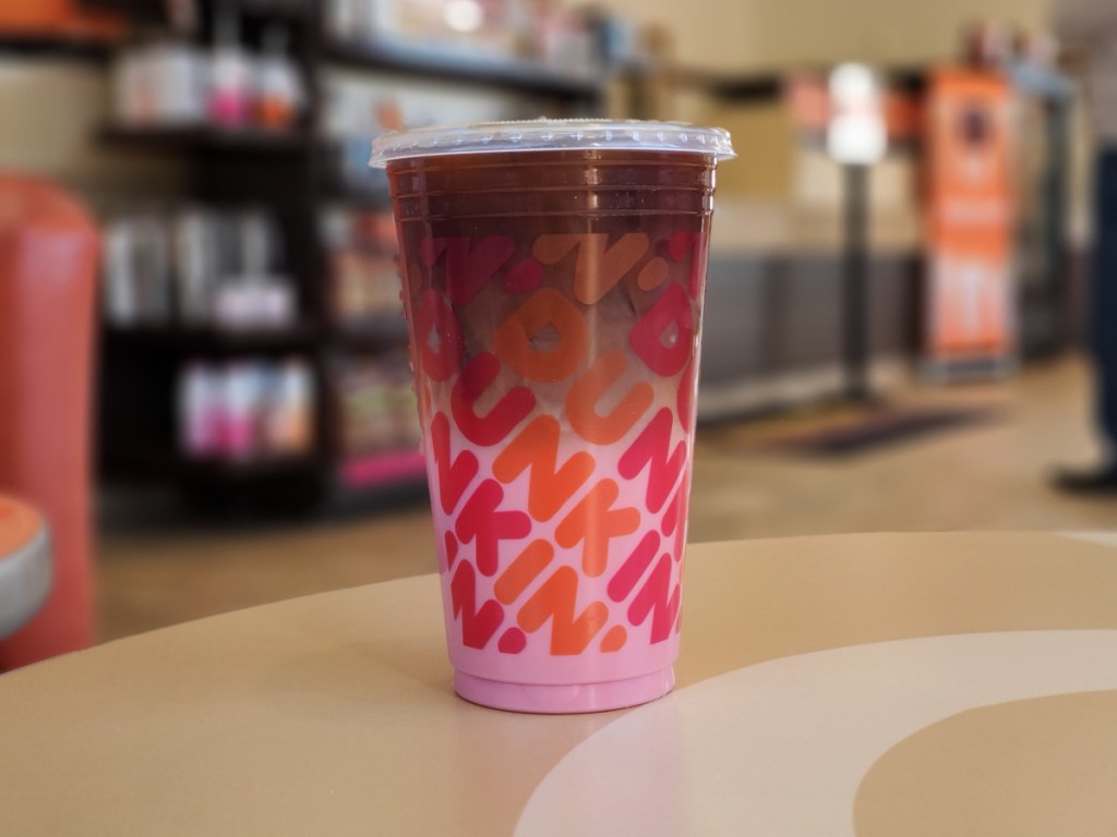 Dunkin Pink Velvet drink on counter