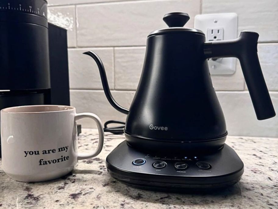 A Govee Smart Gooseneck Kettle next to a coffee mug on a counter