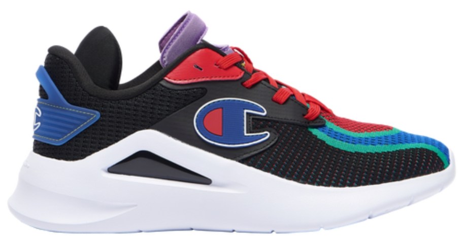 black, white, red, and blue men's Champion shoe