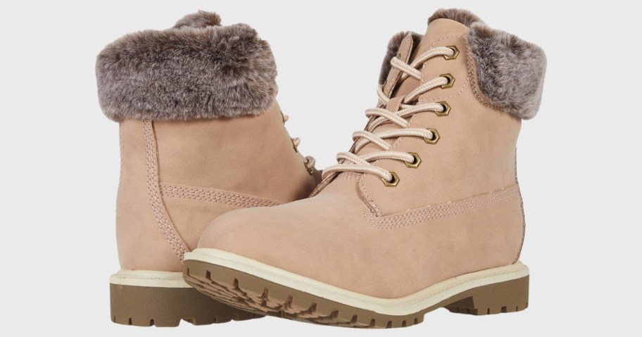 women's blush tan lace up boots with faux fur around the top