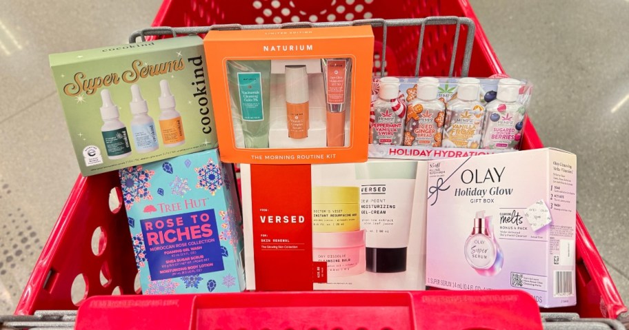 various beauty related gift sets in a Target shopping cart