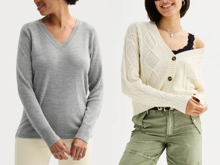 woman wearing a grey vneck sweater and tan pans and woman wearing a cream vneck button down cable knit sweater with olive green pants