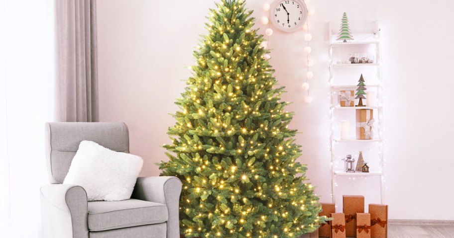 christmas tree with white lights in living room