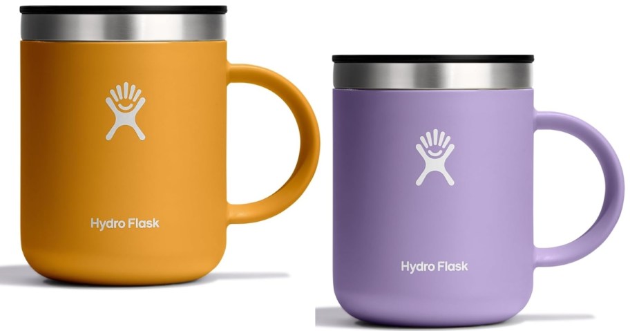 hydro flask stainless steel mugs in mustard brown and purple