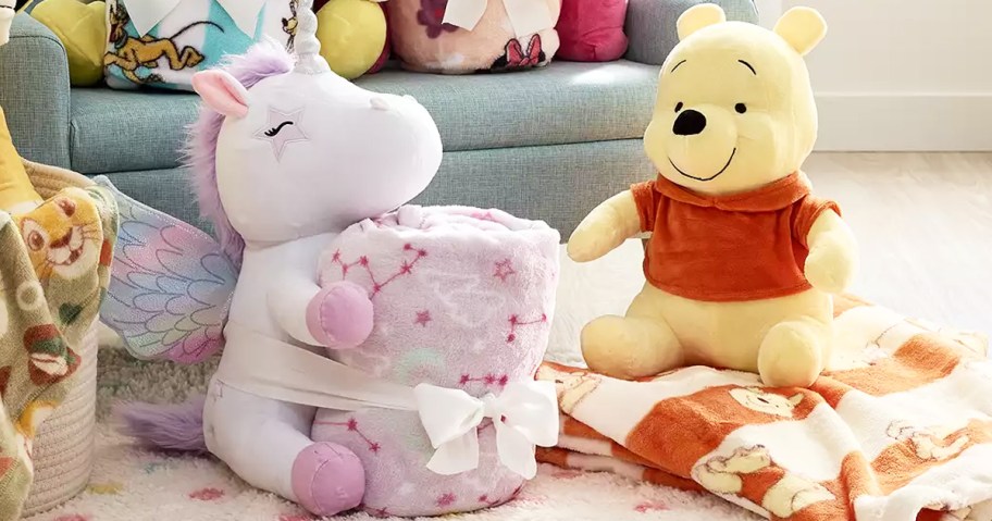 unicorn & Winnie The Pooh plush and blanket sets