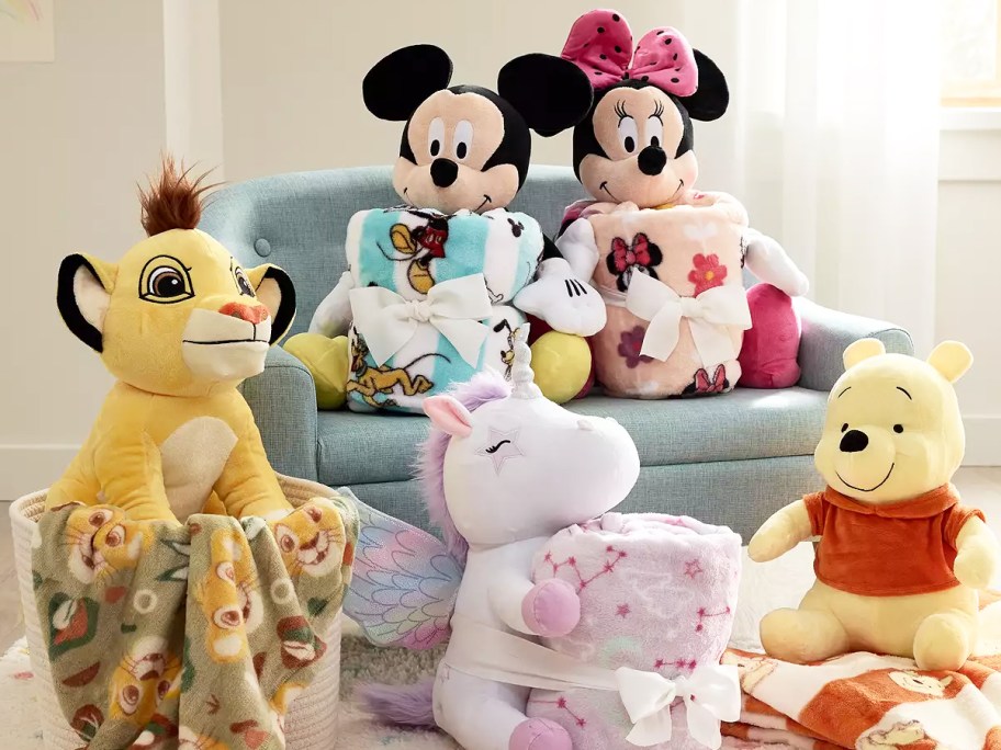 simba, pooh, mickey, minnie, and unicorn blanket & plush sets