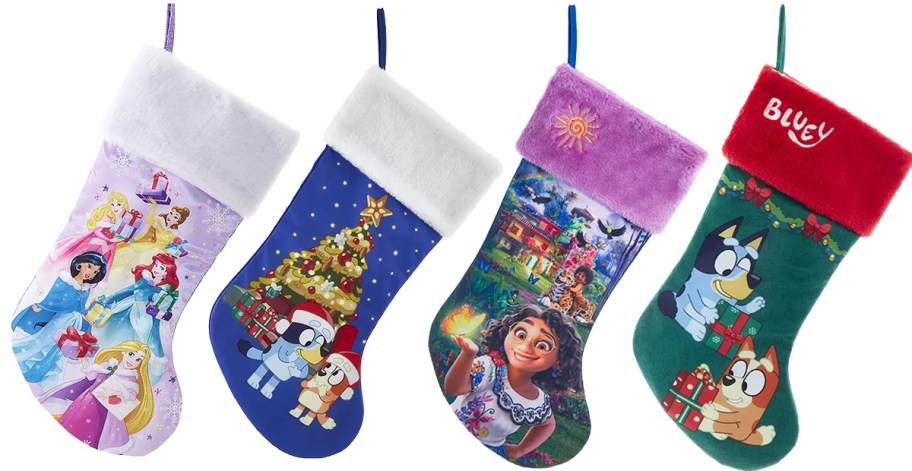 disney princess, bluey, and encanto christmas stockings