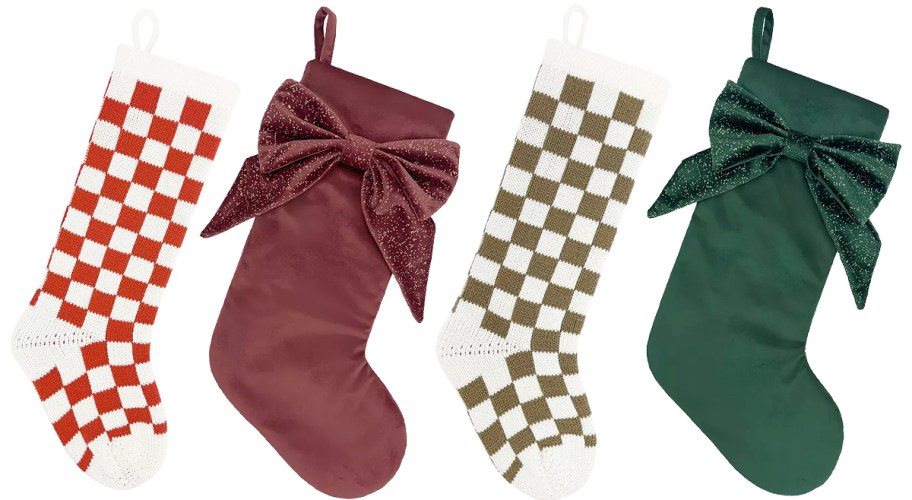 checkered and sparkly bow christmas stockings