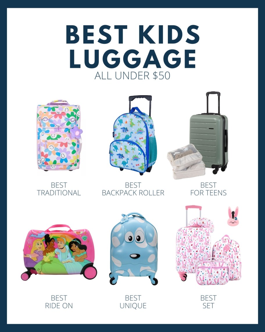 collage of best kids luggage with various options