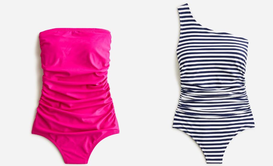 a strapless and one shoulder one-piece jcrew swimsuits