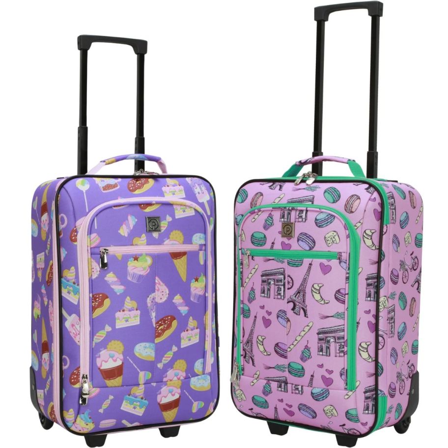 2 kids pilot case carry on wheeled luggage in different graphic patterns