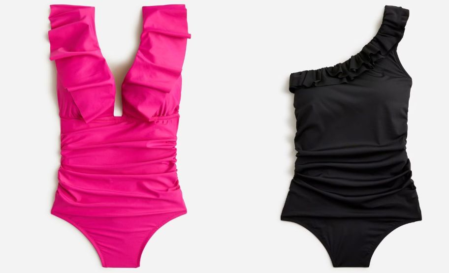 a pink ruffle and black one shoulder one-piece jcrew swimsuits