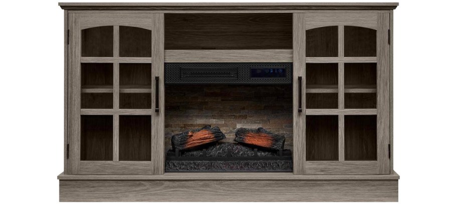 tv stand with electric fireplace in center