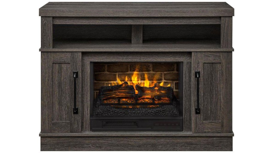 dark wood tv stand with electric fireplace in center