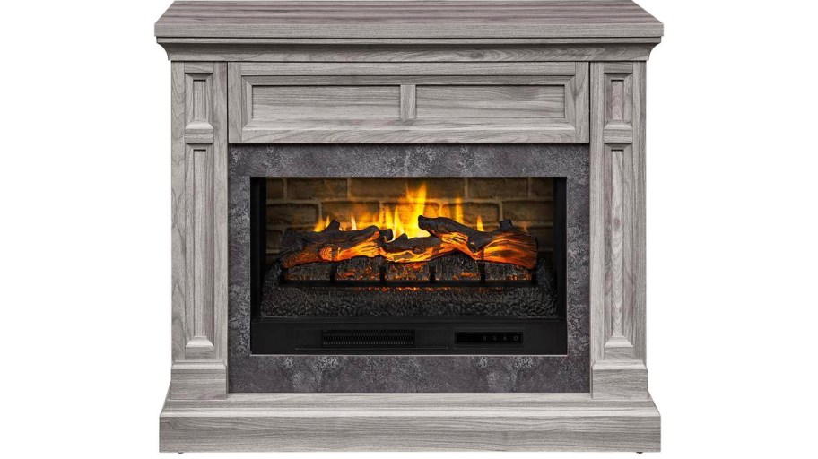 grey wood tv stand with electric fireplace in center