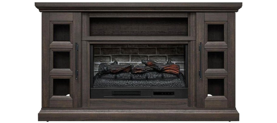 dark wood tv stand with electric fireplace in center