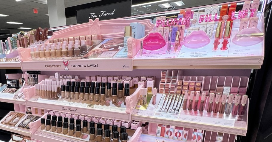 store display of too faced cosmetics