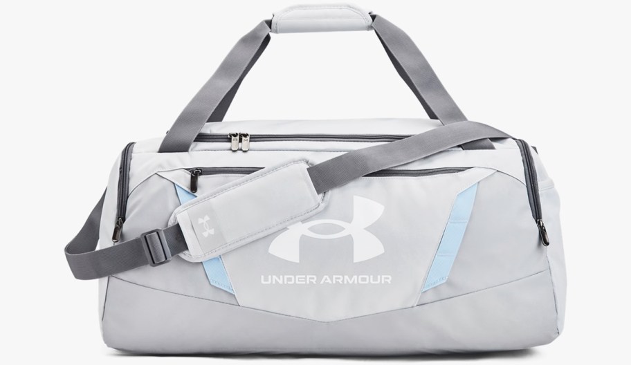 light grey and blue duffle bag