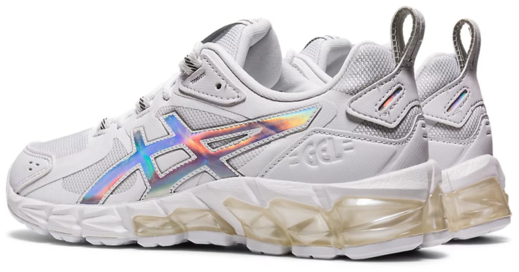 white asics gel quantum sneakers with holographic stripes