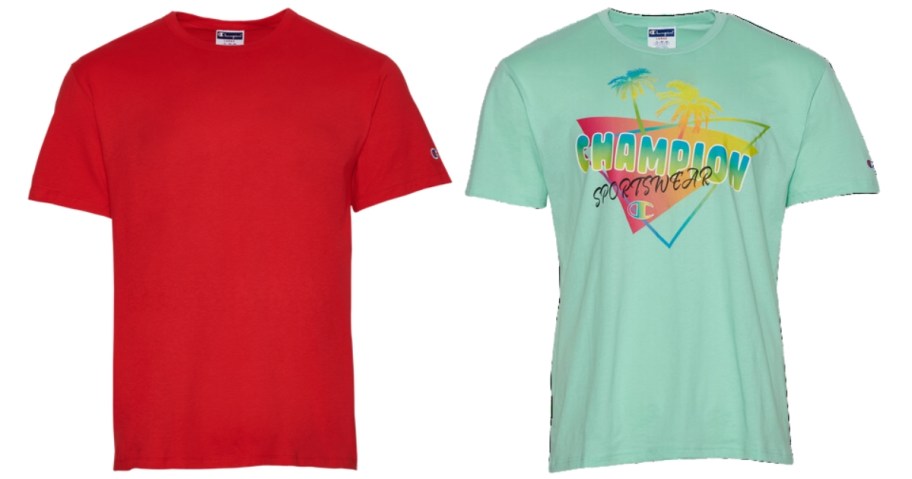 men's red Champion logo tee, and light green palm beach retro logo tee