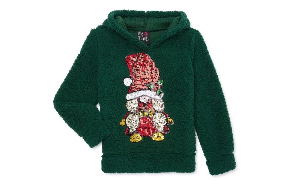 green christmas sequin sweater with gnome on white background