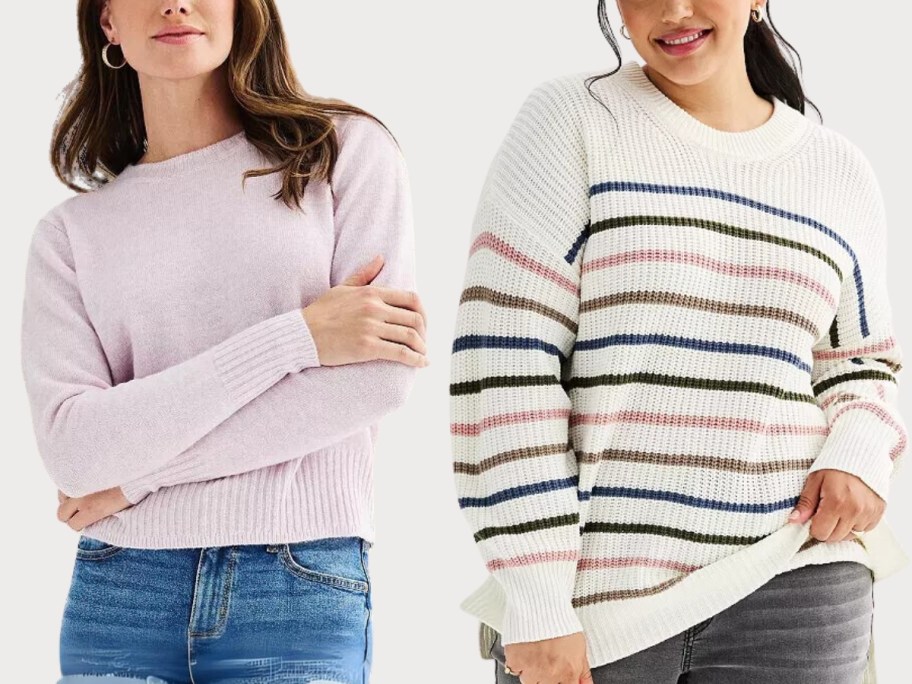 woman wearing a light purple crewneck sweater with her arms crossed and jeans and woman wearing a white striped sweater with pink, blue, and green stripes and green pants