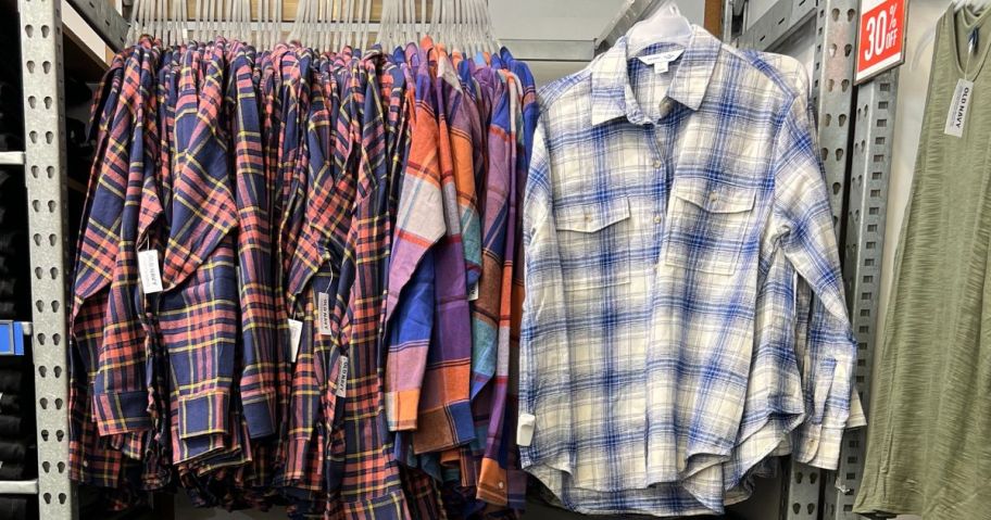 old navy flannels hanging in store