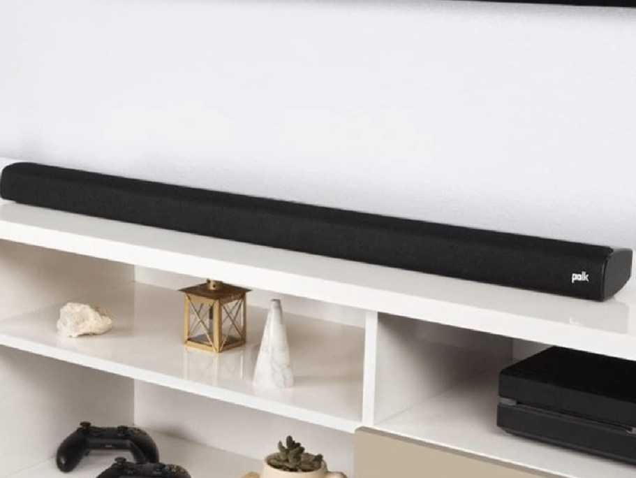 Polk Audio soundbar on TV console table