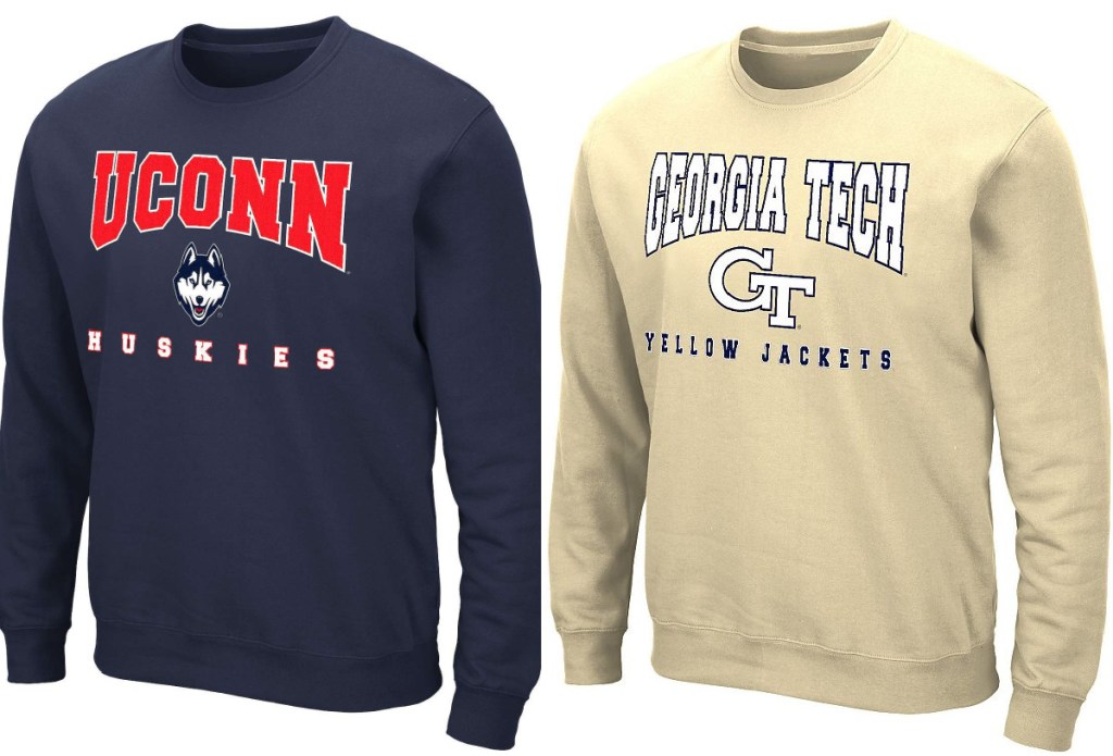 two stock images of UCONN huskies and Georgia Tech sweatshirts