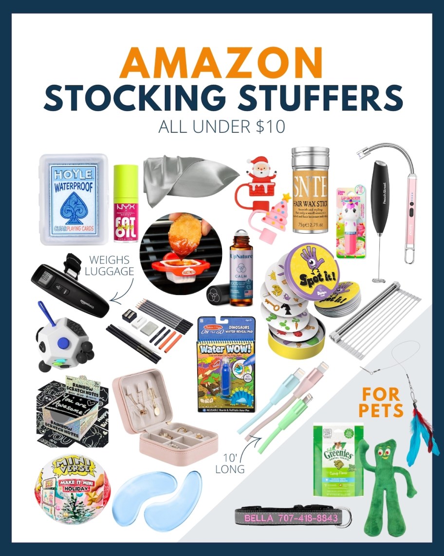 graphic collage of under 10 dollar amazon stocking stuffers