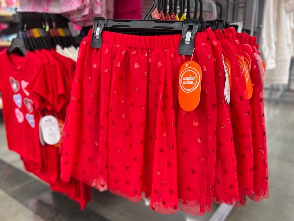 red heart toddler valentines skirts hanging in store