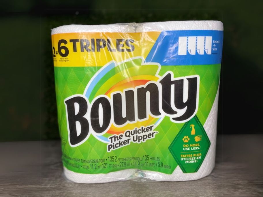 Bounty Select-A-Size Paper Towels Triple Roll 2-Pack package on counter