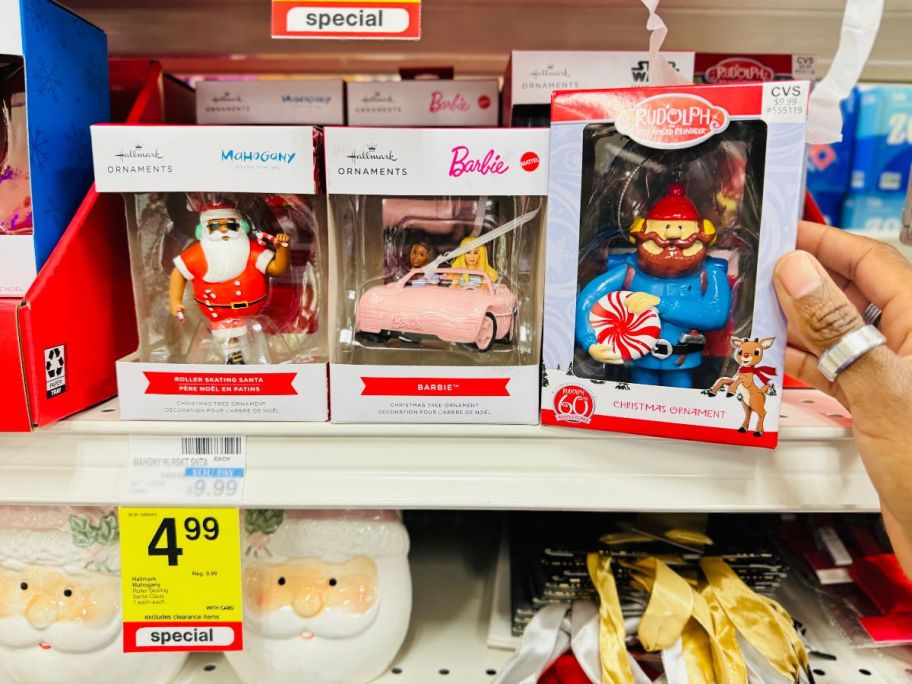 Character Christmas Ornaments on shelf in store