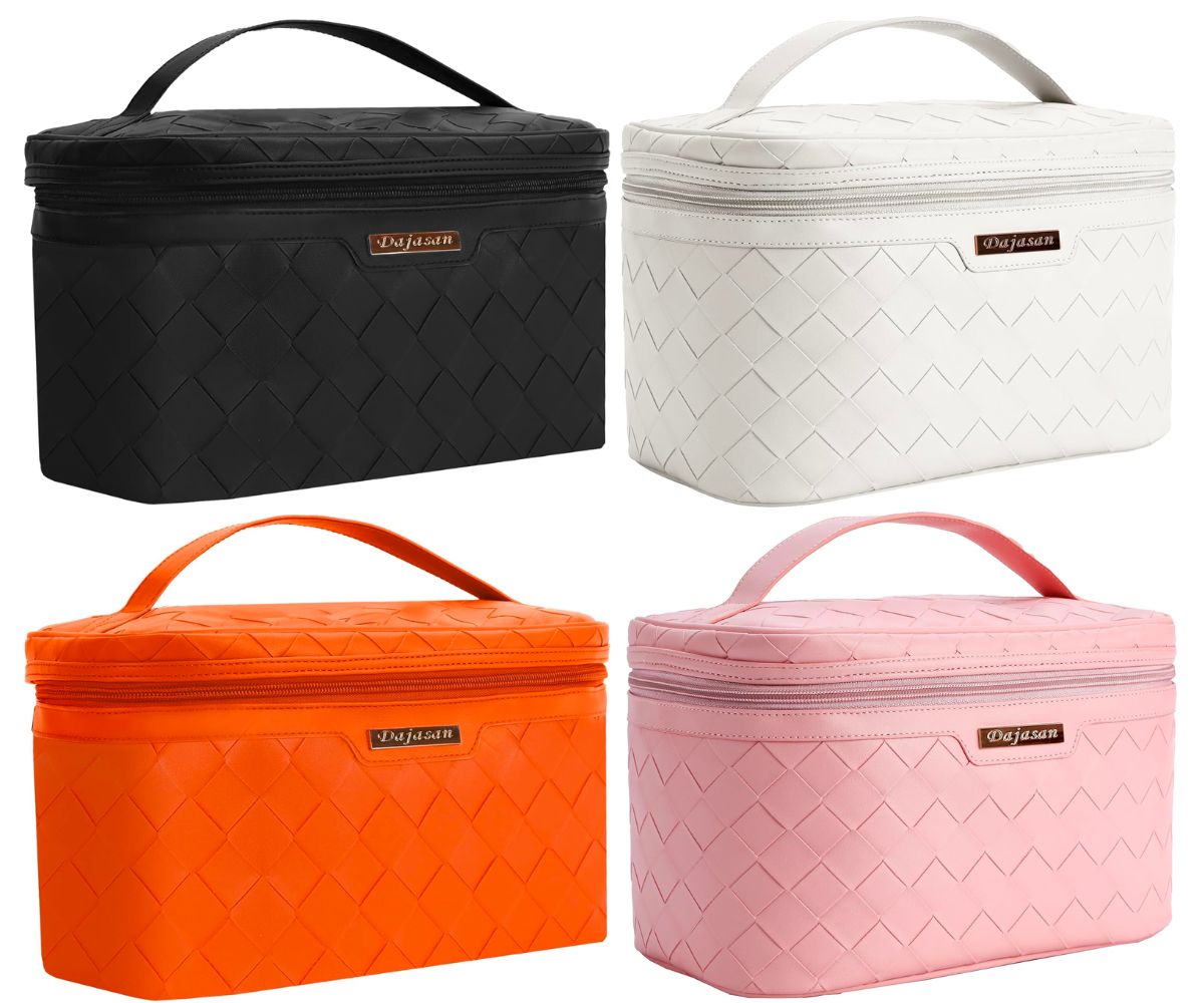 Dajasan Large Capacity Travel Cosmetic Bag in black, orange, pink and white on white background - stock image