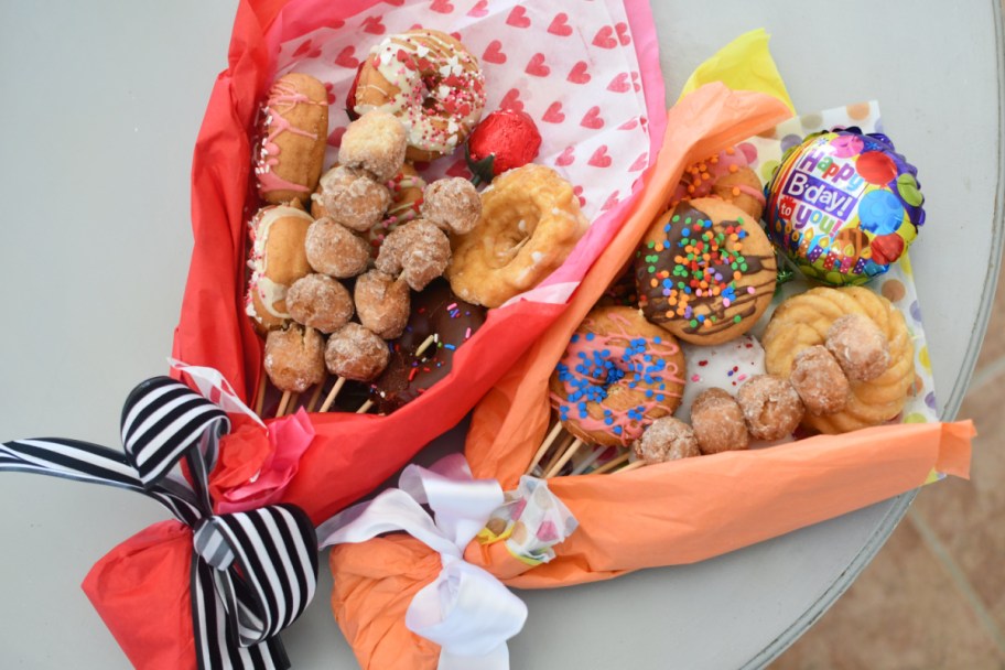 Two donut bouquets including a DIY Valentine's Day bouquet and a birthday bouquet 