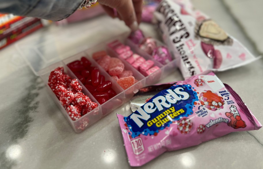 A package of gummy nerds next to a snacklebox, or a tackle box filled with snacks.