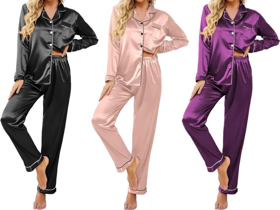 3 women wearing different color long sleeve satin pajama sets