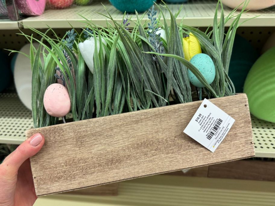 hand holding a Hobby Lobby Easter Eggs & Tulips Planter