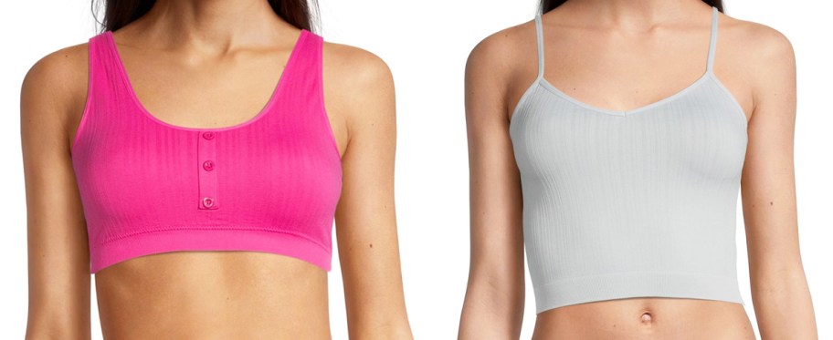 woman in pink bralette and woman in light grey brami