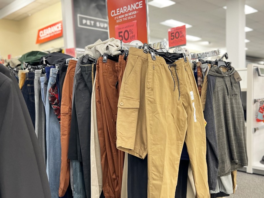 clearance rack of mens pants and shorts at Kohl's