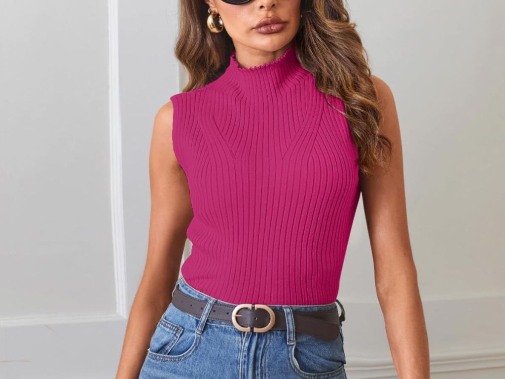 A woman wearing a MEROKEETY Women's Ribbed Mock Neck Top