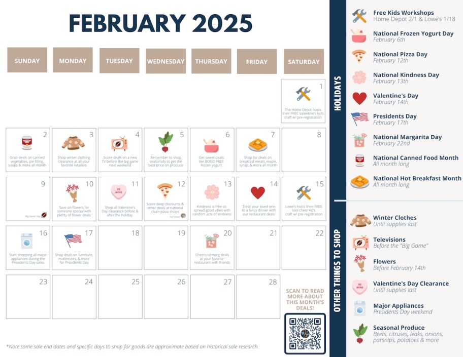 february 2025 calendar of various deals and sales to shop