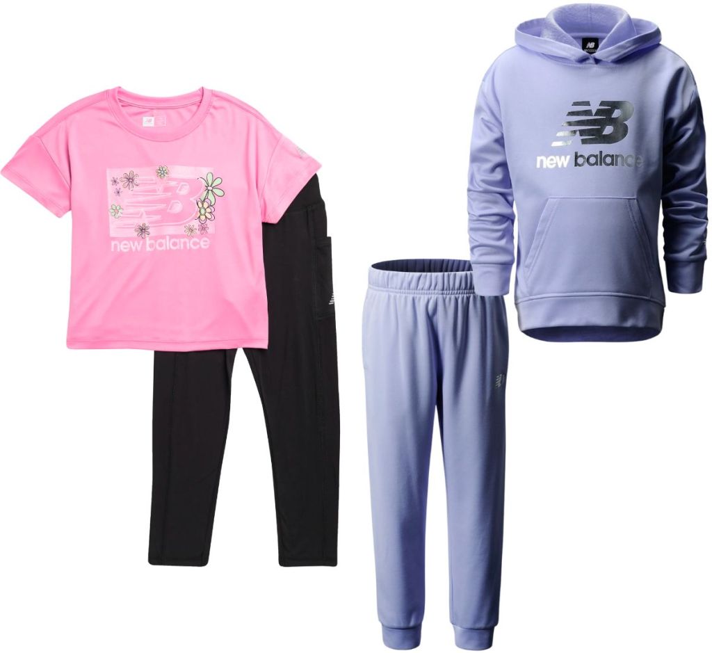 New Balance Girls’ pink logo tee and black leggings, and a lavender hoodies and jogger set