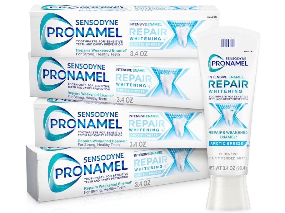 4 stacked boxes of Sensodyne Pronamel Intensive Enamel Repair Toothpaste with tube in front of them