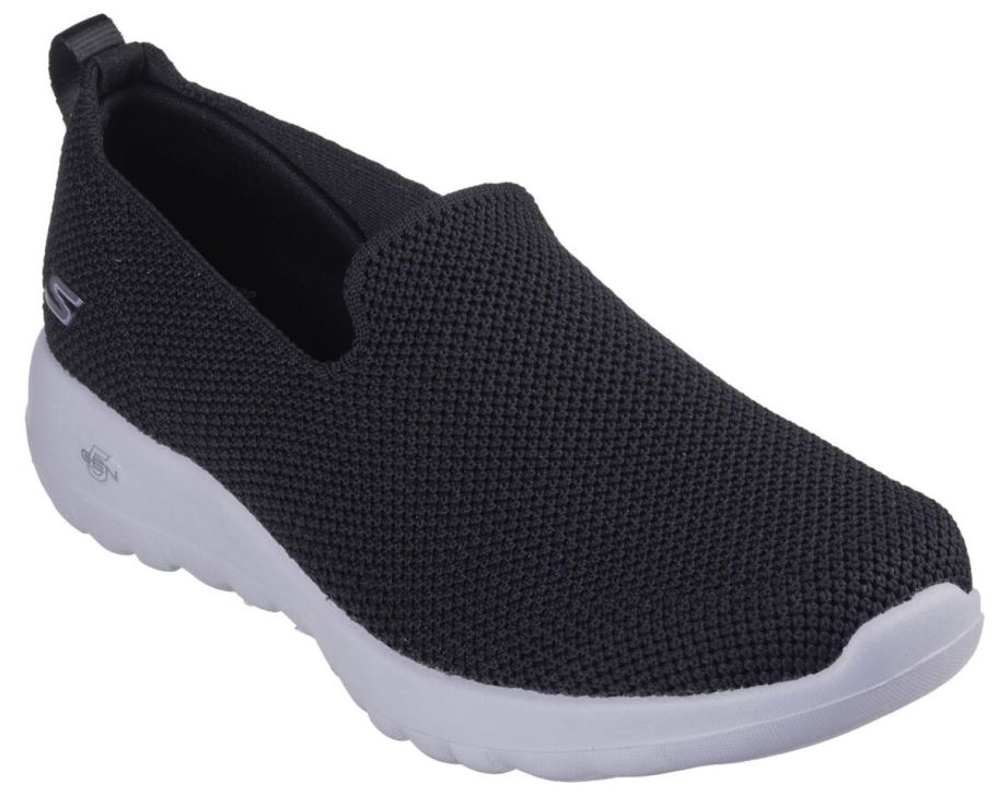 a women black knit slip on walking shoe with lavender solea 