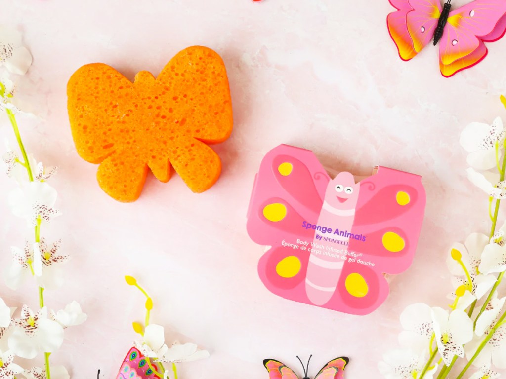 orange butterfly-shaped sponge near white flowers