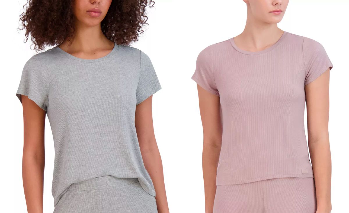 two models wearing Women's Ribbed Short-Sleeve Baby Sleep Tees